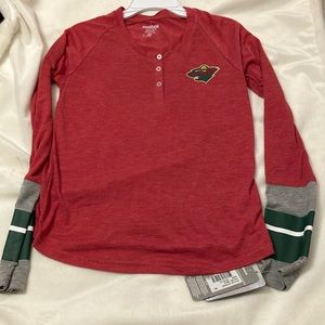 NWT MN Wild Shirt Girls 10/12 Medium Red NHL Hockey Reebok Long Sleeve Henley